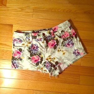Floral Distressed White Denim Shorts